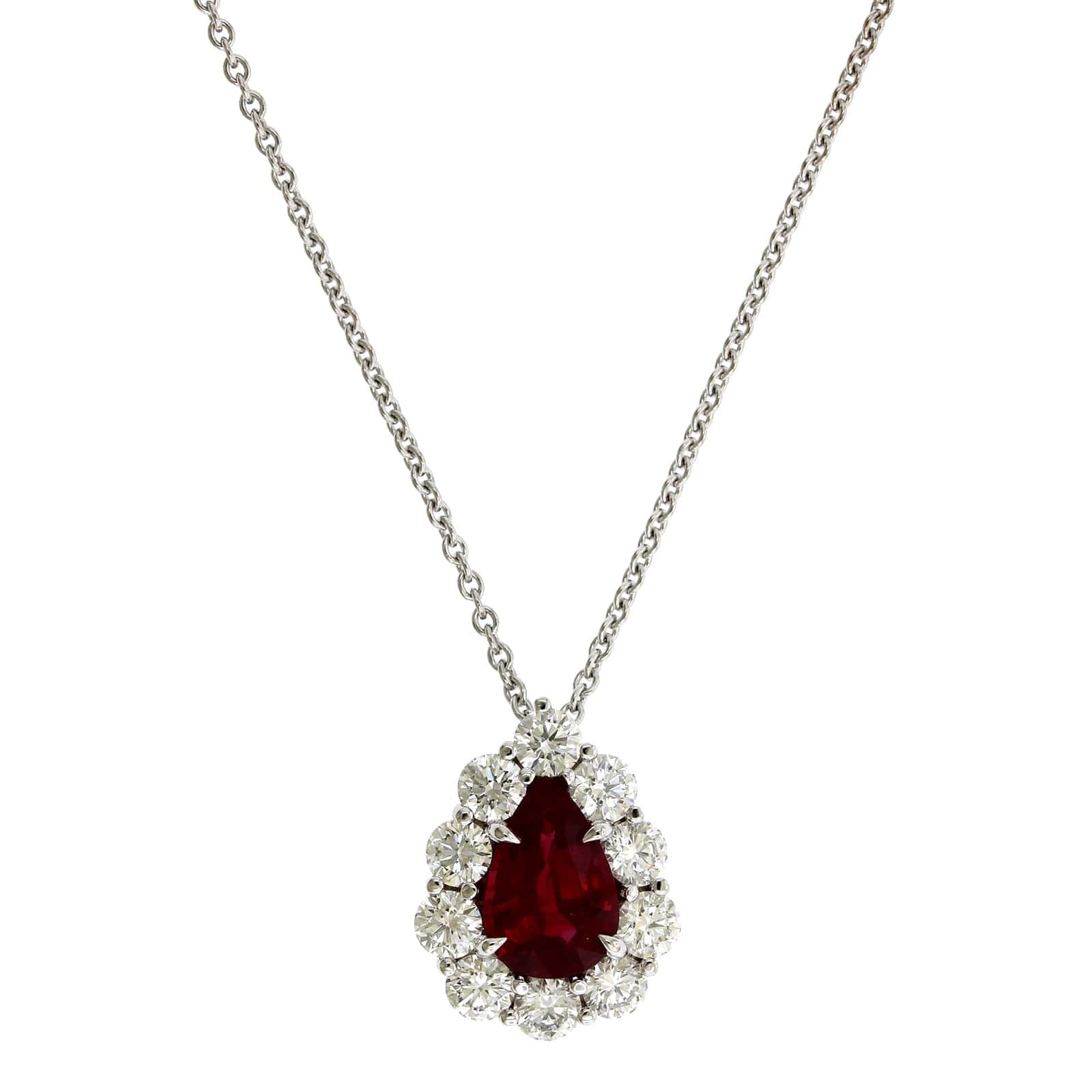 18K White Gold Pearl Shape Ruby Diamond Halo Pendant
