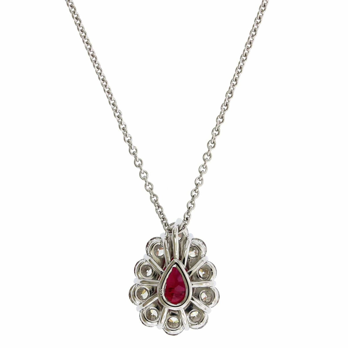18K White Gold Pearl Shape Ruby Diamond Halo Pendant