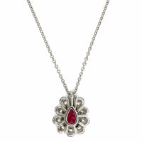 18K White Gold Pearl Shape Ruby Diamond Halo Pendant