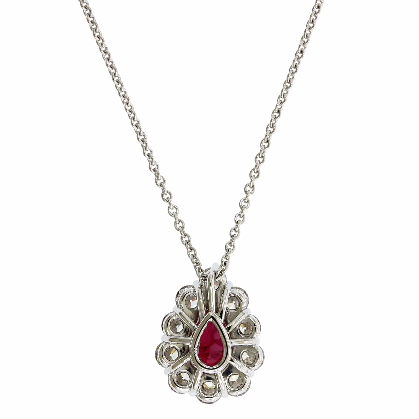 18K White Gold Pearl Shape Ruby Diamond Halo Pendant