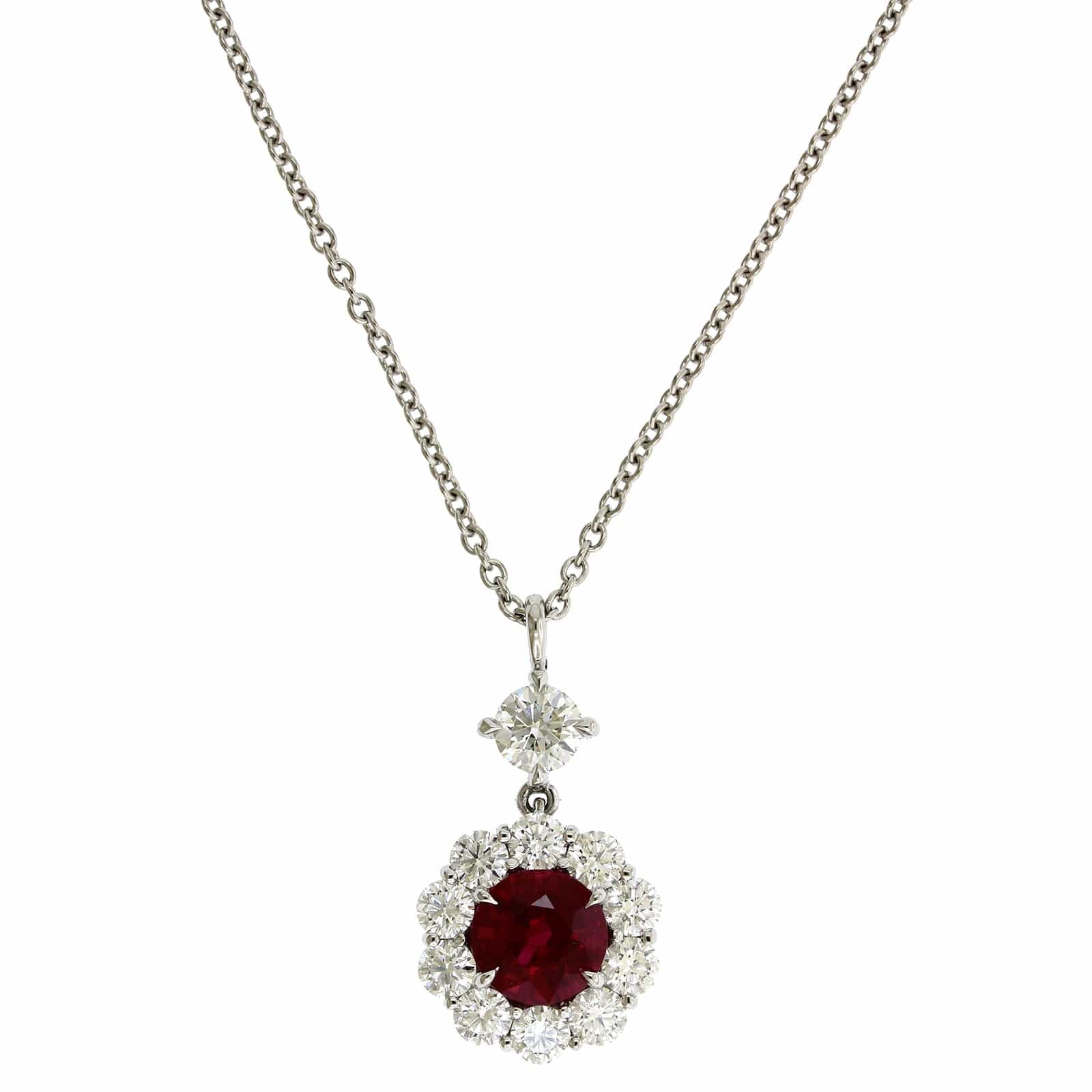Platinum Burma Ruby & Diamond Halo Necklace
