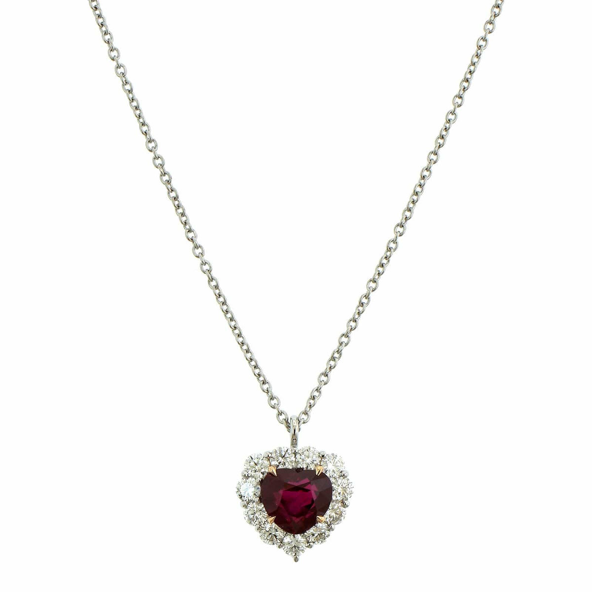 Platinum Ruby Heart Diamond Halo Necklace