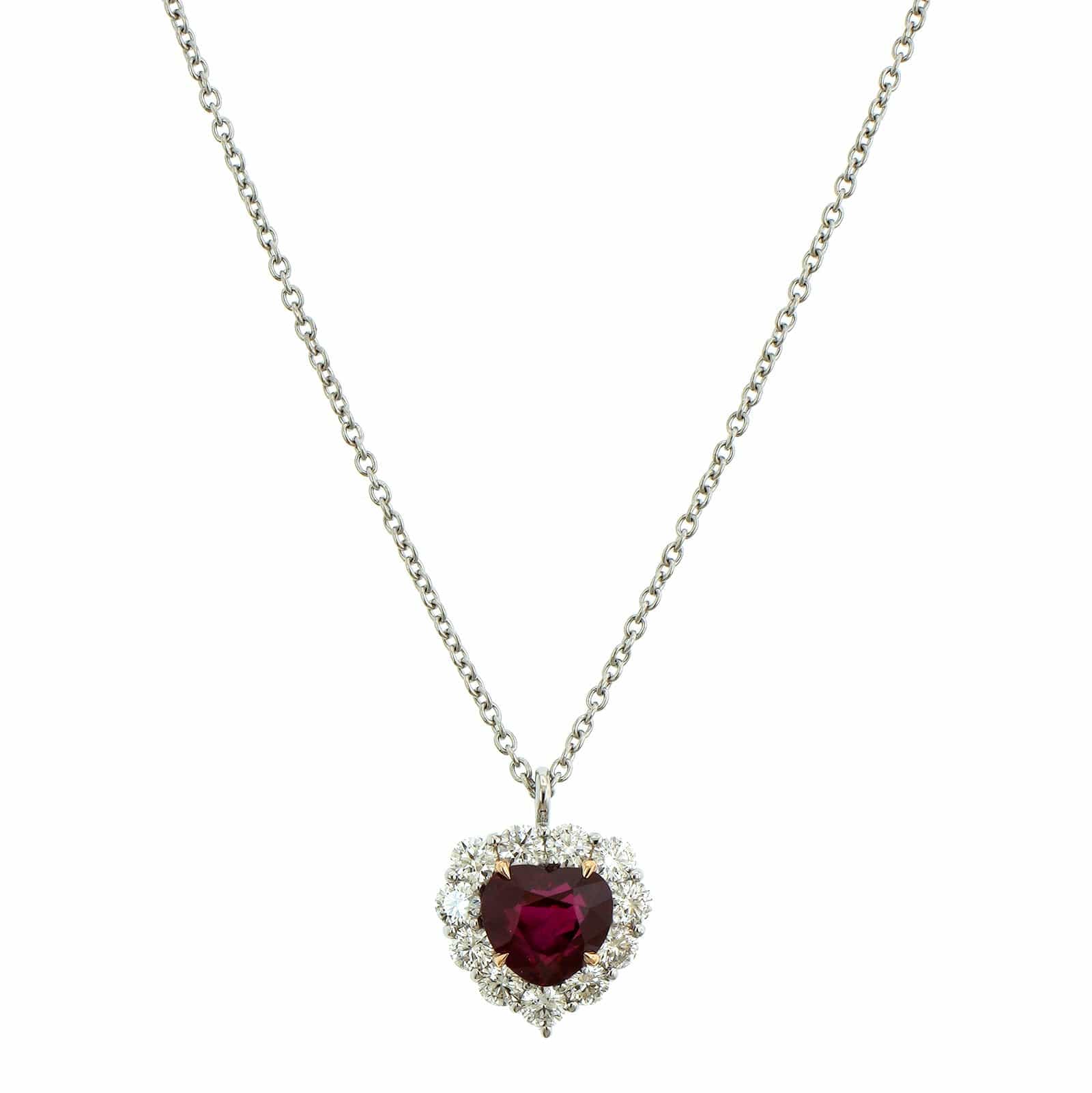 Platinum Ruby Heart Diamond Halo Necklace