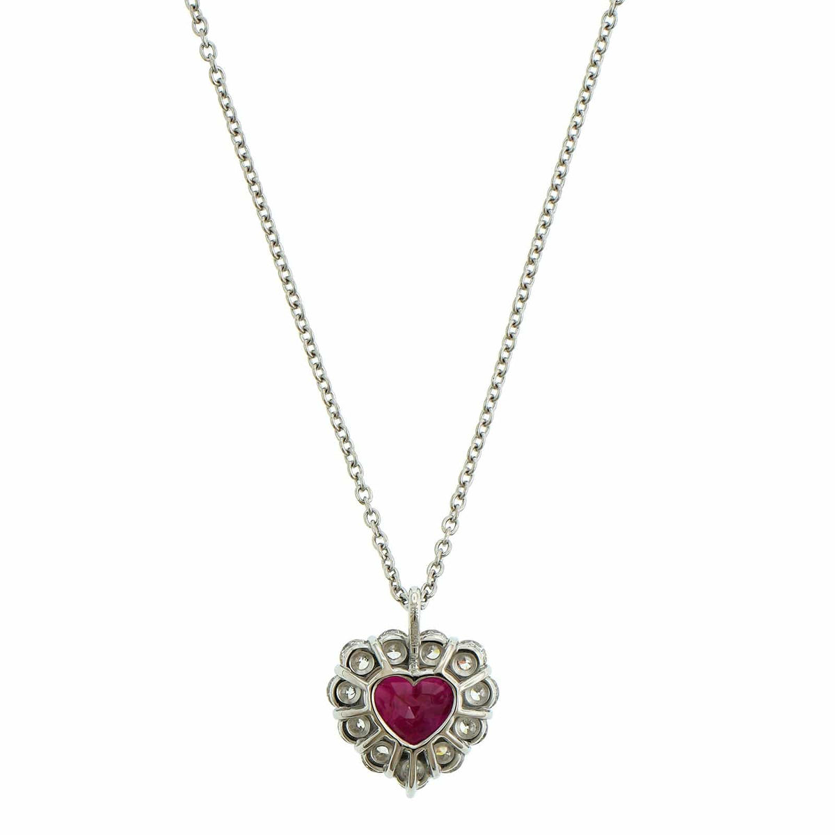 Platinum Ruby Heart Diamond Halo Necklace