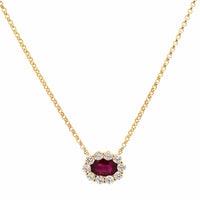 14K Yellow Gold Oval Ruby and Diamond Halo Necklace