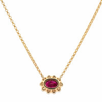 14K Yellow Gold Oval Ruby and Diamond Halo Necklace