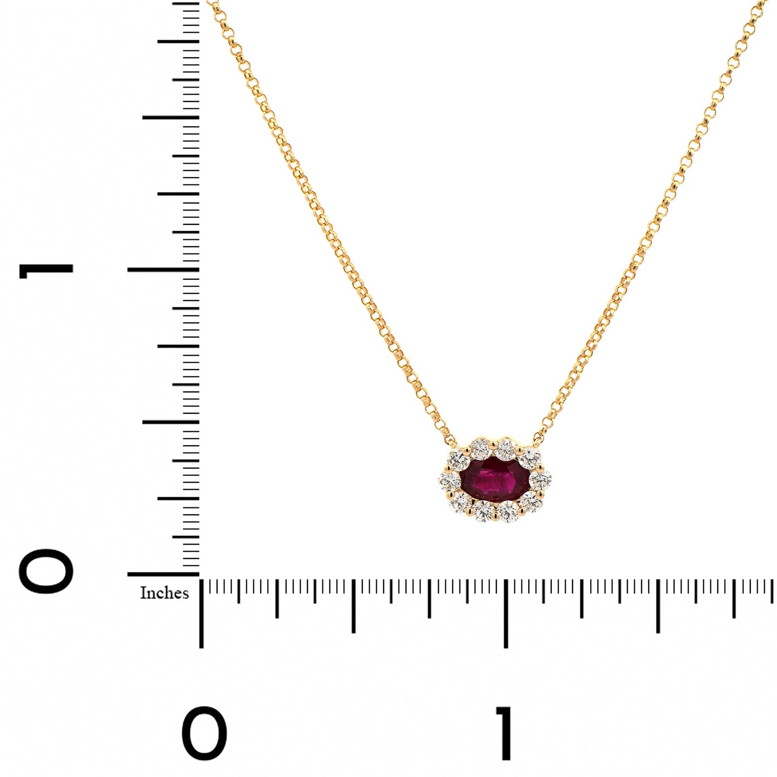 14K Yellow Gold Oval Ruby and Diamond Halo Necklace