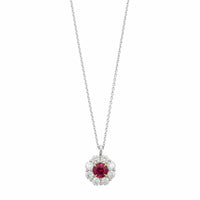 Platinum Diamond Halo and Round Ruby Necklace