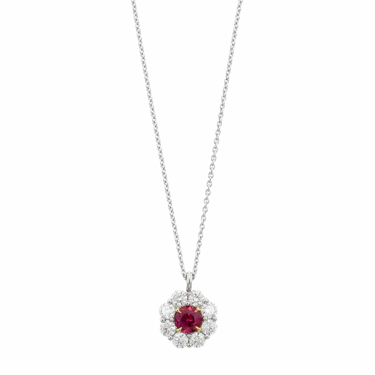 Platinum Diamond Halo and Round Ruby Necklace