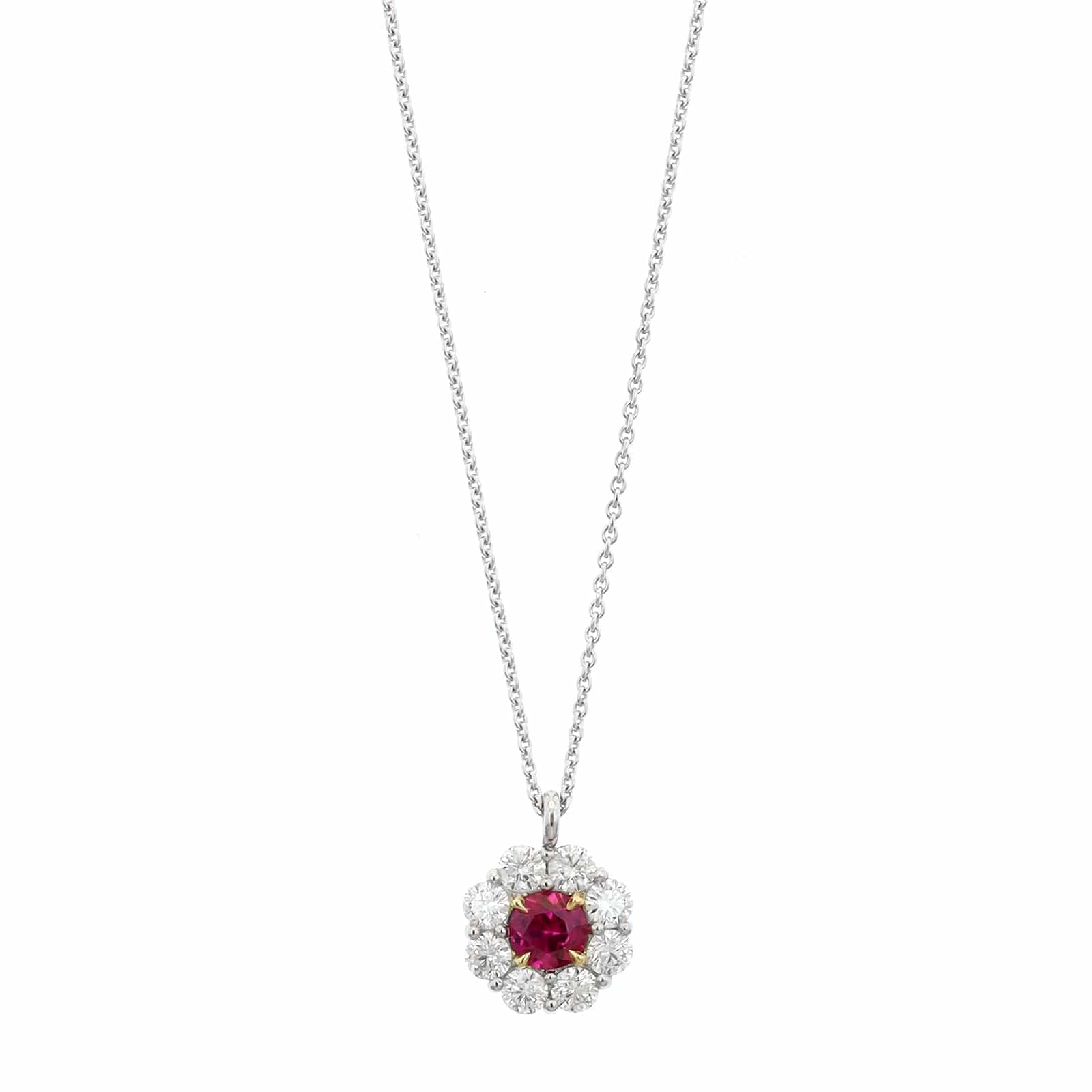 Platinum Diamond Halo and Round Ruby Necklace