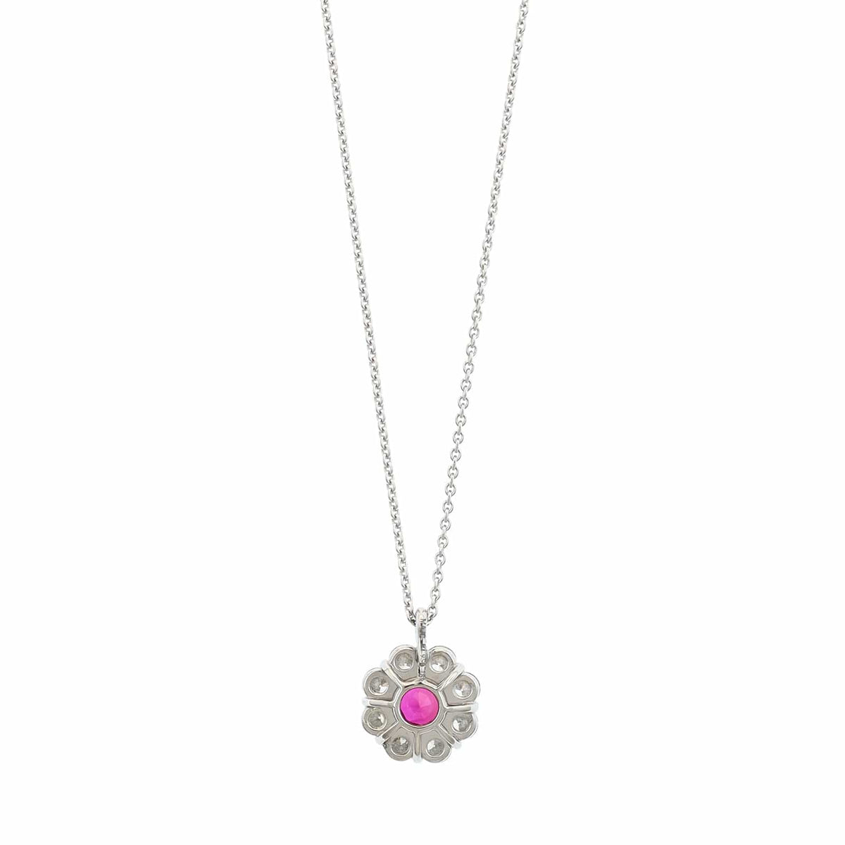 Platinum Diamond Halo and Round Ruby Necklace