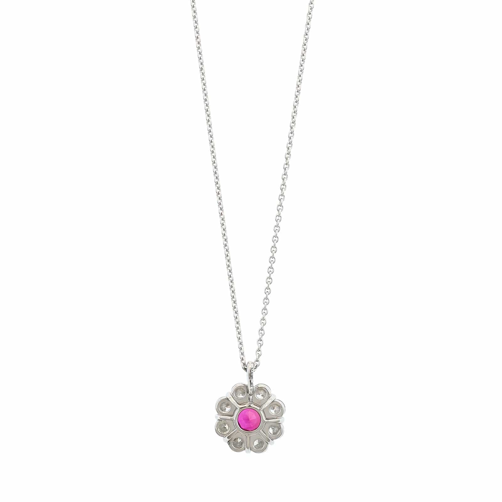 Platinum Diamond Halo and Round Ruby Necklace