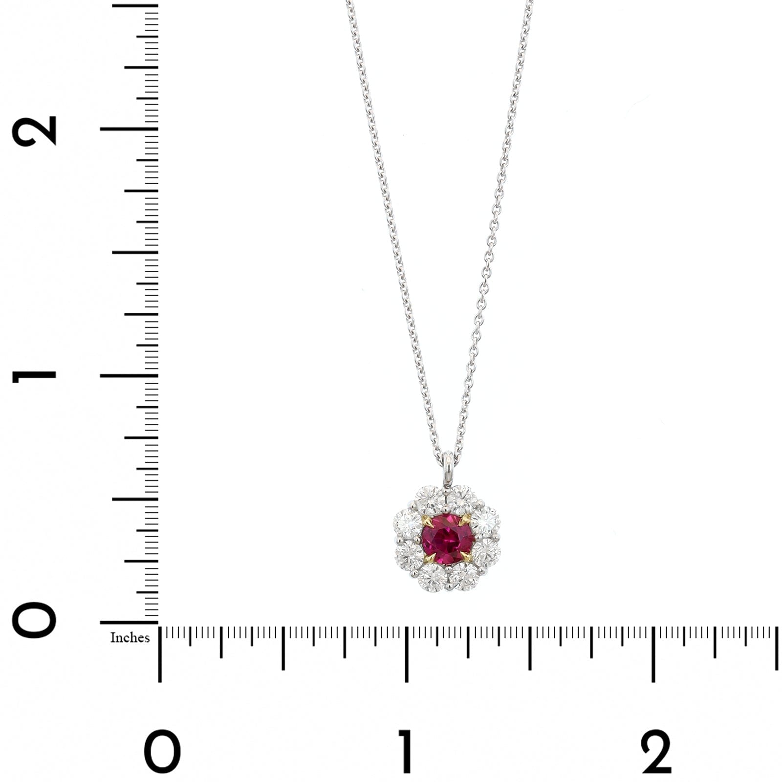 Platinum Diamond Halo and Round Ruby Necklace
