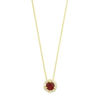 18K Yellow Gold Round Ruby and Diamond Halo Necklace