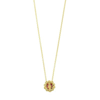 18K Yellow Gold Round Ruby and Diamond Halo Necklace