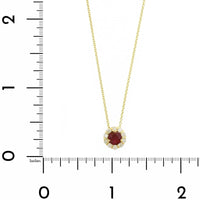 18K Yellow Gold Round Ruby and Diamond Halo Necklace