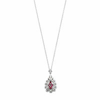 18K White Gold Pear Shaped Ruby and Diamond Halo Necklace