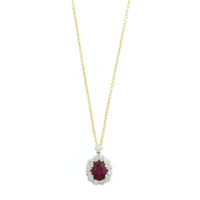 18K Two-Tone Gold Oval Shaped Ruby and Diamond Halo Necklace