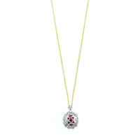 18K Two-Tone Gold Oval Shaped Ruby and Diamond Halo Necklace
