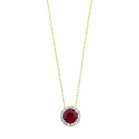 18K Yellow Gold and Platinum Round Shaped Ruby and Diamond Halo Necklace