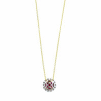 18K Yellow Gold and Platinum Round Shaped Ruby and Diamond Halo Necklace