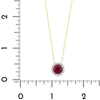 18K Yellow Gold and Platinum Round Shaped Ruby and Diamond Halo Necklace