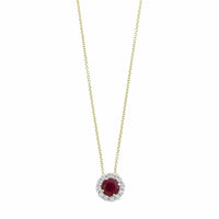 18K Two-Tone Gold Round Ruby and Diamond Halo Pendant Necklace