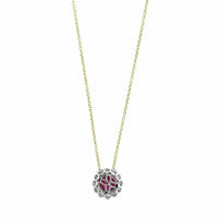 18K Two-Tone Gold Round Ruby and Diamond Halo Pendant Necklace