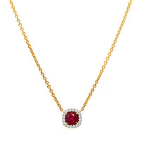 18K Yellow Gold and Platinum Cushion Shaped Ruby and Diamond Halo Necklace
