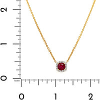 18K Yellow Gold and Platinum Cushion Shaped Ruby and Diamond Halo Necklace