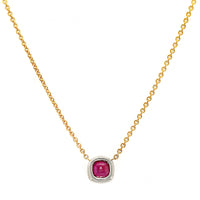 18K Yellow Gold and Platinum Cushion Shaped Ruby and Diamond Halo Necklace