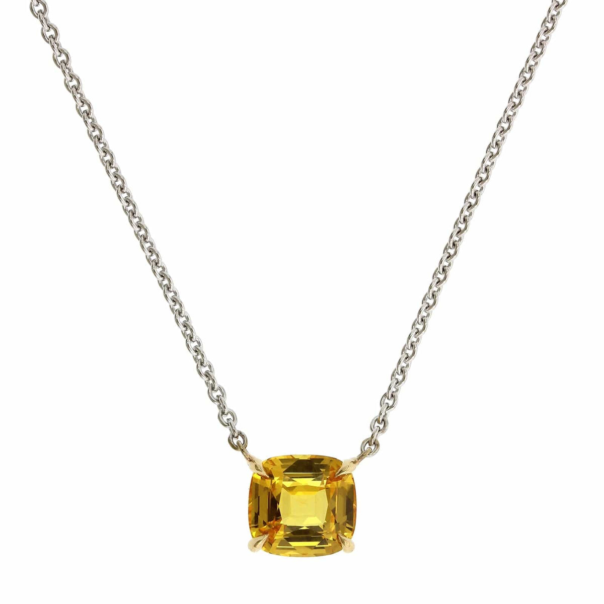 18K White Gold Cushion Yellow Sapphire Pendant