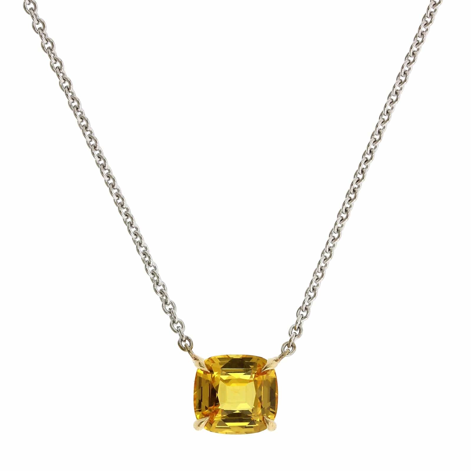 18K White Gold Cushion Yellow Sapphire Pendant