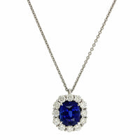 Platinum Cushion Sapphire Diamond Halo Pendant