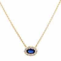 18K Yellow Gold Oval Sapphire and Diamond Halo Pendant Necklace