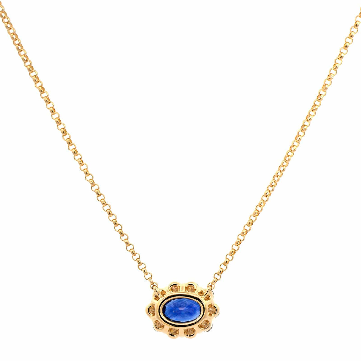 18K Yellow Gold Oval Sapphire and Diamond Halo Pendant Necklace