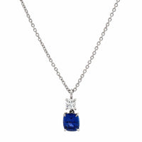 Platinum Diamond & Cushion Cut Sapphire Pendant Necklace