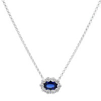 14K White Gold Oval Blue Sapphire and Diamond Halo Necklace