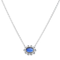 14K White Gold Oval Blue Sapphire and Diamond Halo Necklace