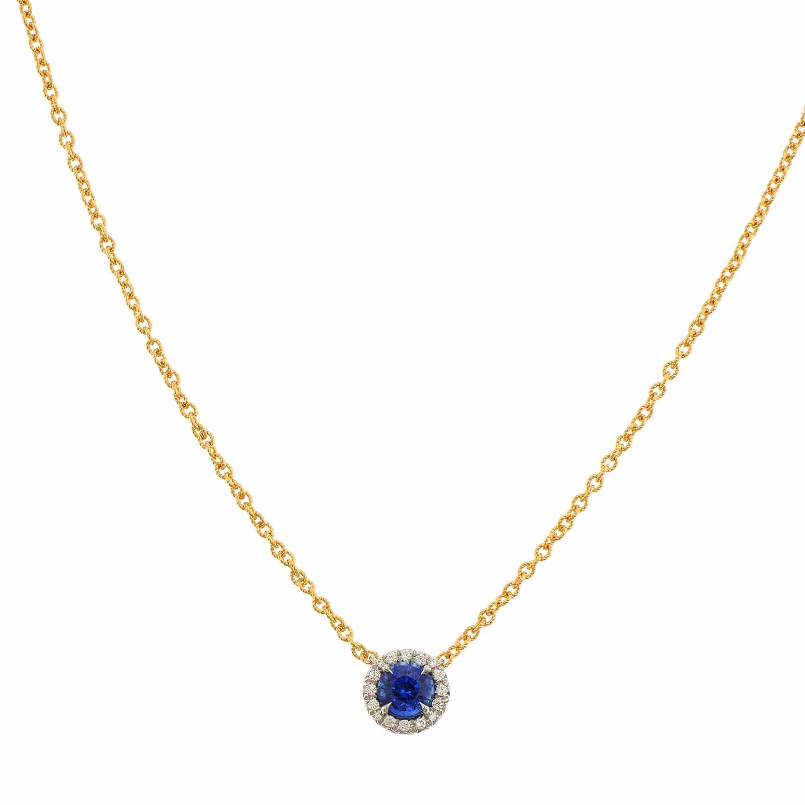 18K Yellow Gold Round Sapphire and Diamond Pendant Necklace