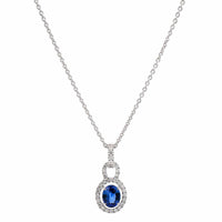 18K White Gold Oval Sapphire and Diamond Halo Necklace