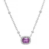18K White Gold and Platinum Cushion Shaped Pink Sapphire and Diamond Halo Pendant Necklace
