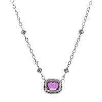 18K White Gold and Platinum Cushion Shaped Pink Sapphire and Diamond Halo Pendant Necklace