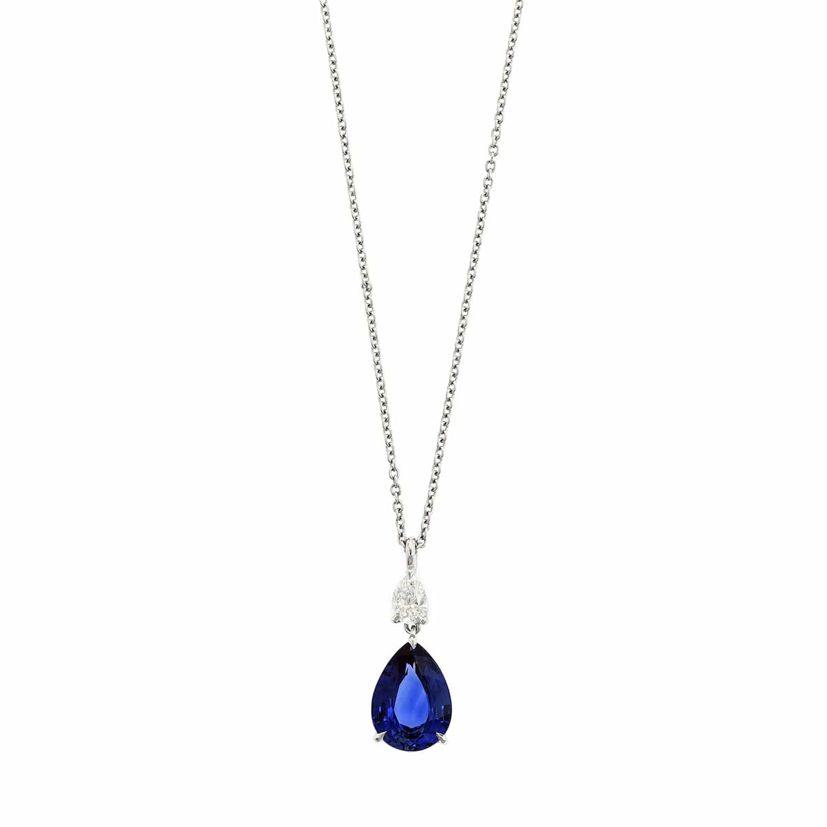 Platinum Pear Shaped Blue Sapphire and Diamond Pendant Necklace
