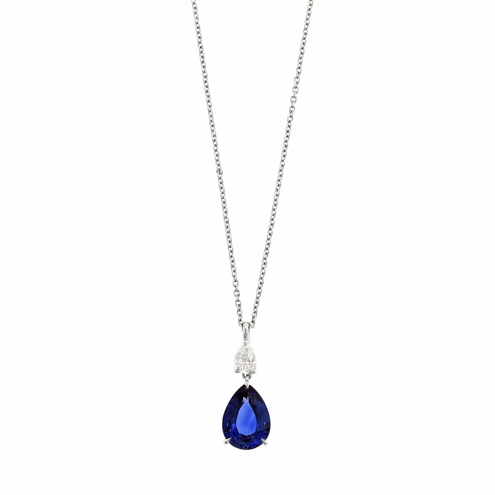 Platinum Pear Shaped Blue Sapphire and Diamond Pendant Necklace