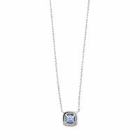 Platinum Cushion Cut Blue Sapphire and Diamond Halo Pendant Necklace