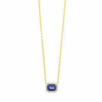18K Yellow Gold and Platinum Octagonal Blue Sapphire and Diamond Halo Pendant Necklace