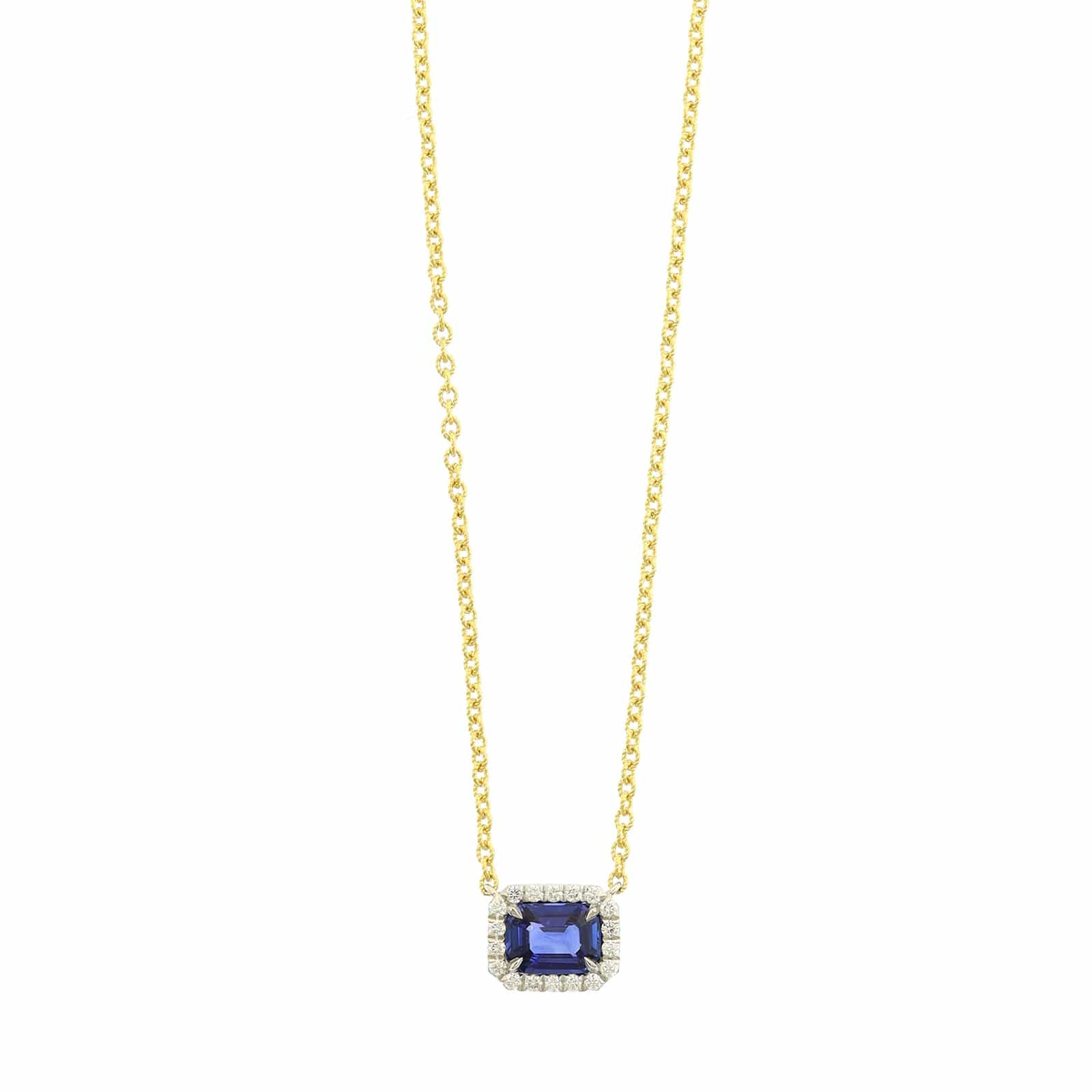 18K Yellow Gold and Platinum Octagonal Blue Sapphire and Diamond Halo Pendant Necklace