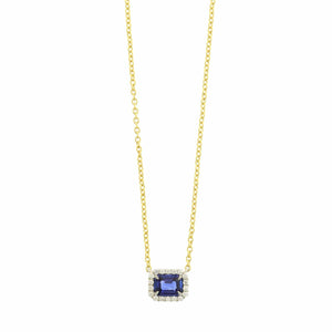 18K Yellow Gold and Platinum Octagonal Blue Sapphire and Diamond Halo Pendant Necklace