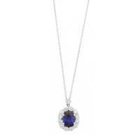 18K White Gold Oval Sapphire and Diamond Halo Necklace